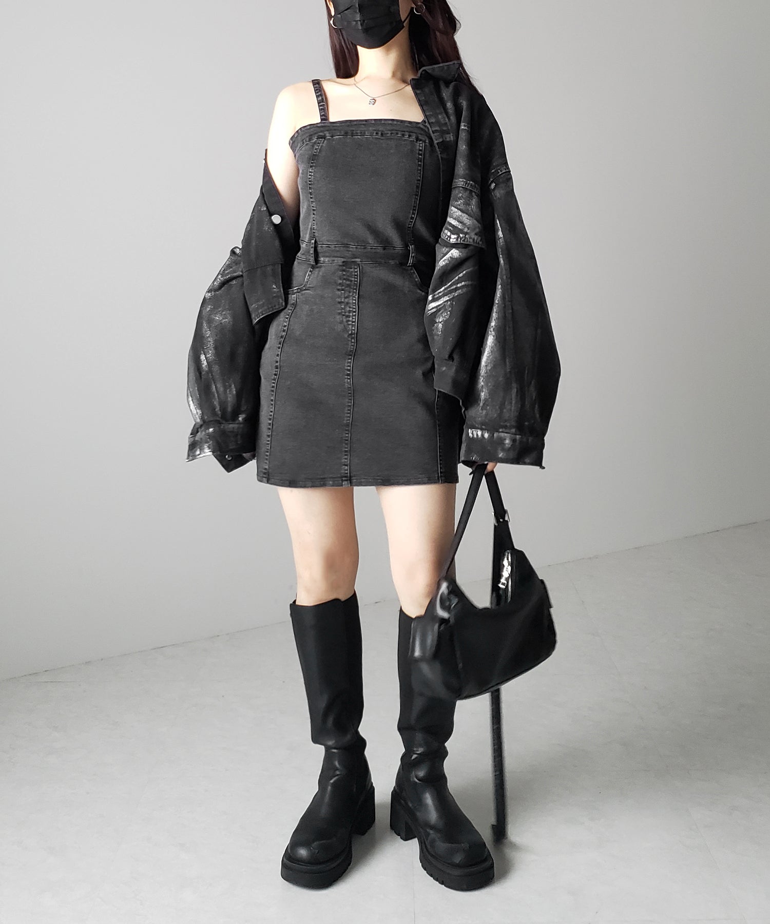【 2color 】ウォッシュデニムハイウエストミニキャミワンピース / wash denim high waist mini cami onepiece