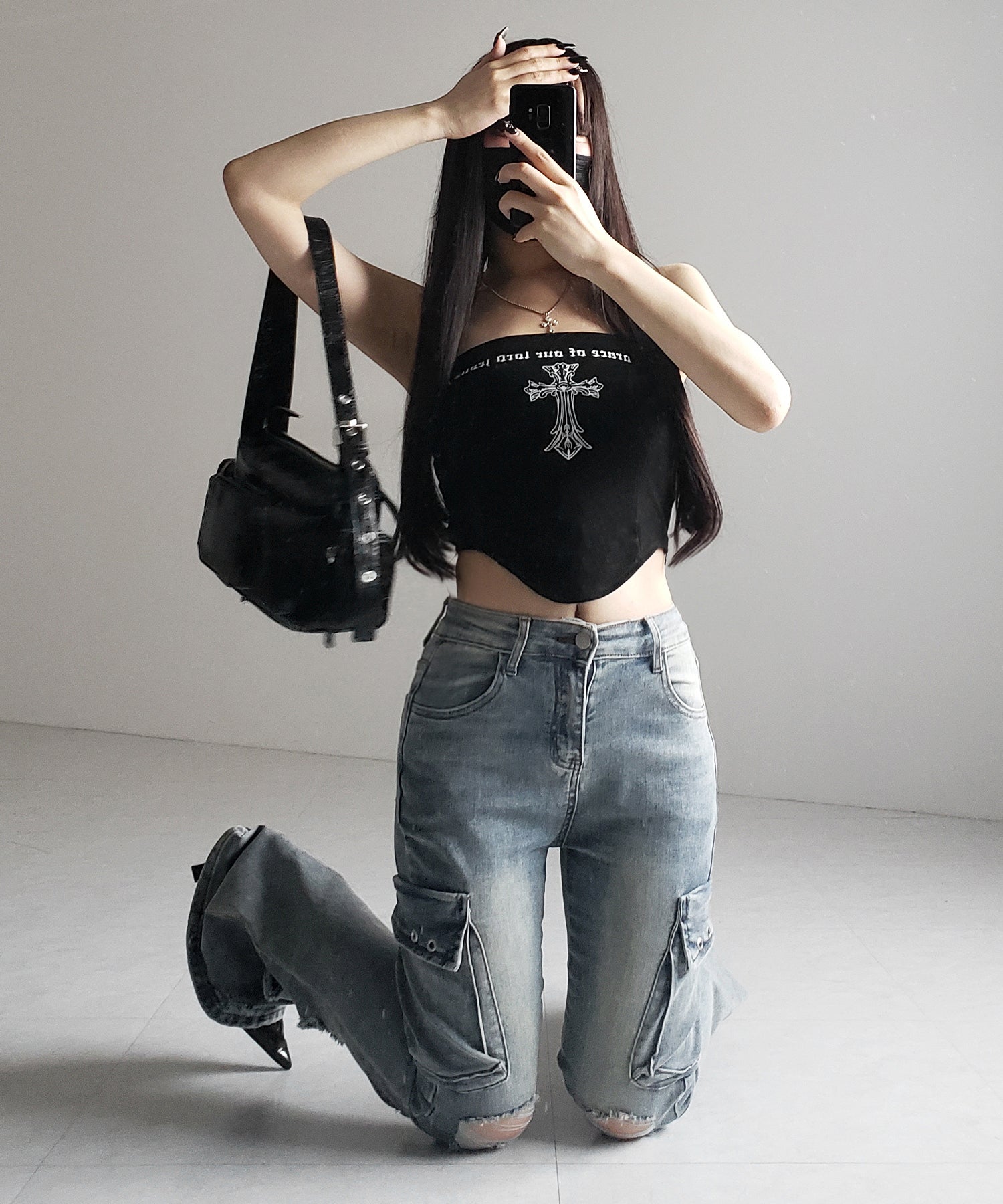 【 2color / 4size 】カーゴデザインヴィンテージライクダメージストレッチフレアデニム / cargo design vintage-like damage stretch flare denim