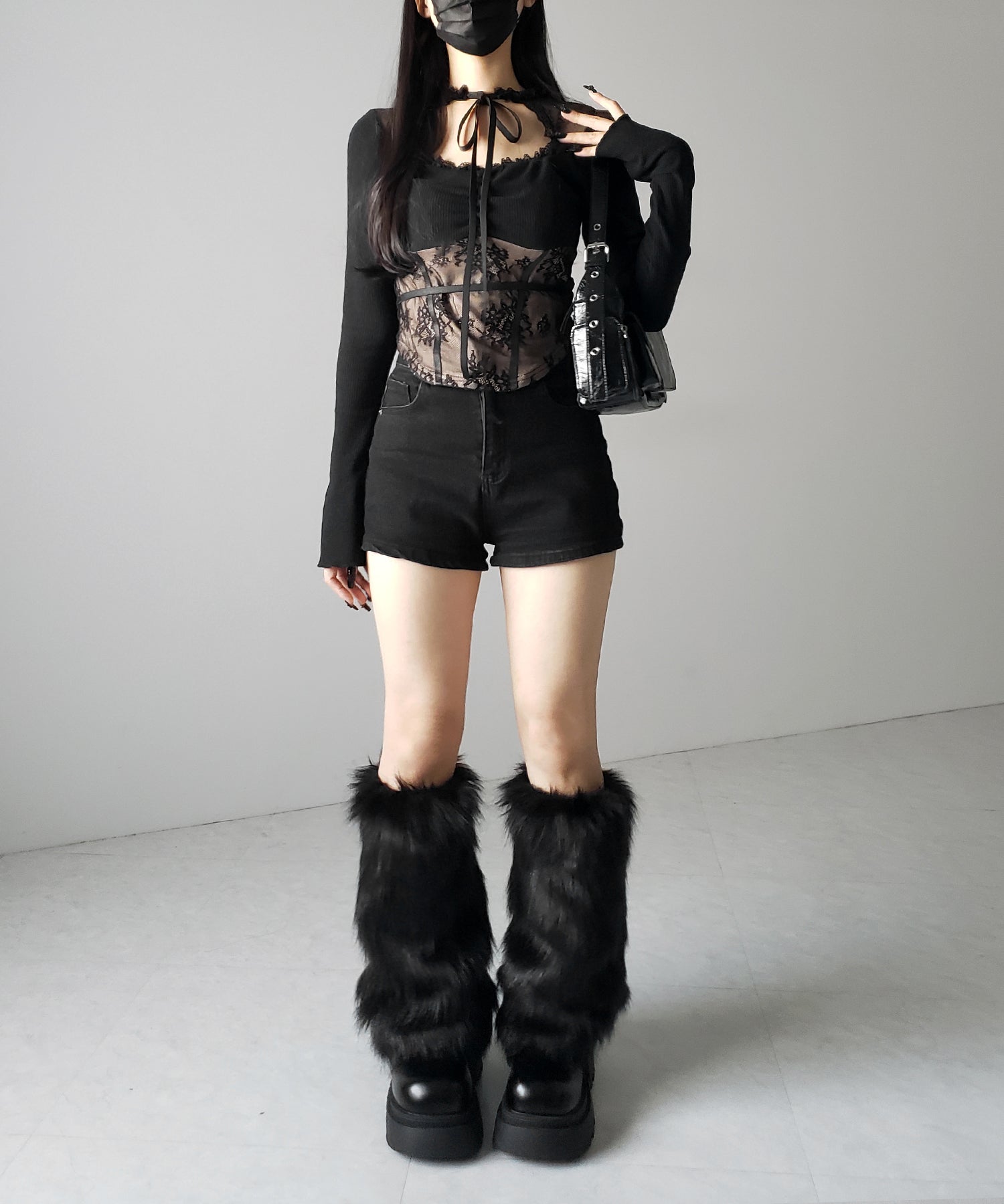 【 2color 】チョーカーネックリボンレーシーカットソートップス / choker neck ribbon lacy cutsaw tops