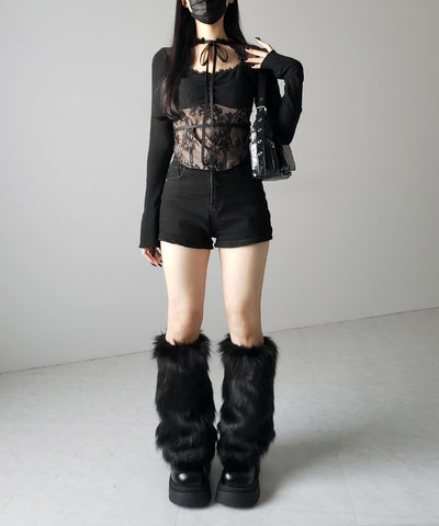 チョーカーネックリボンレーシーカットソートップス / choker neck ribbon lacy cutsaw tops