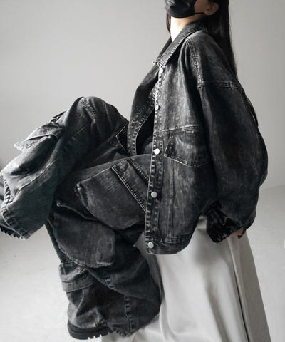 【 デニムセットアップ着用可能 】ヴィンテージケミカルブリーチヘビーワイドカーゴデニム / vintage chemical bleach heavy wide cargo denim