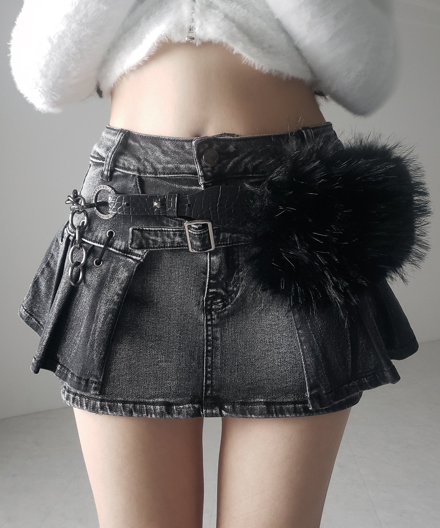 【 インパン裏地付 】ベルテッドマイクロプリーツデニムミニスカパン / belted micro pleats denim skirt pants