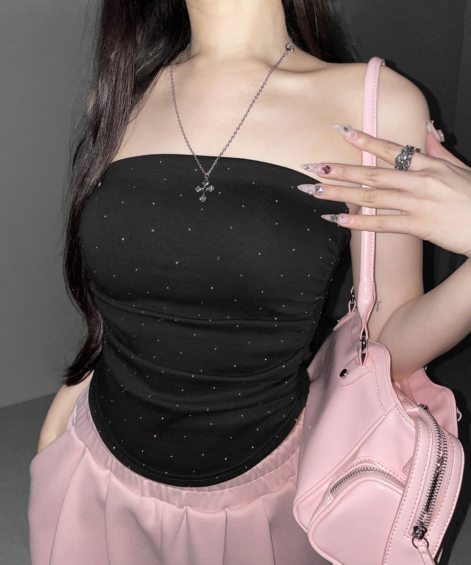 【 セットアップ 】ラインストーンベアトップ+ハイウエストショートパンツ SET / 【 SETUP 】Rhinestone bare tops + high waist short pants SET