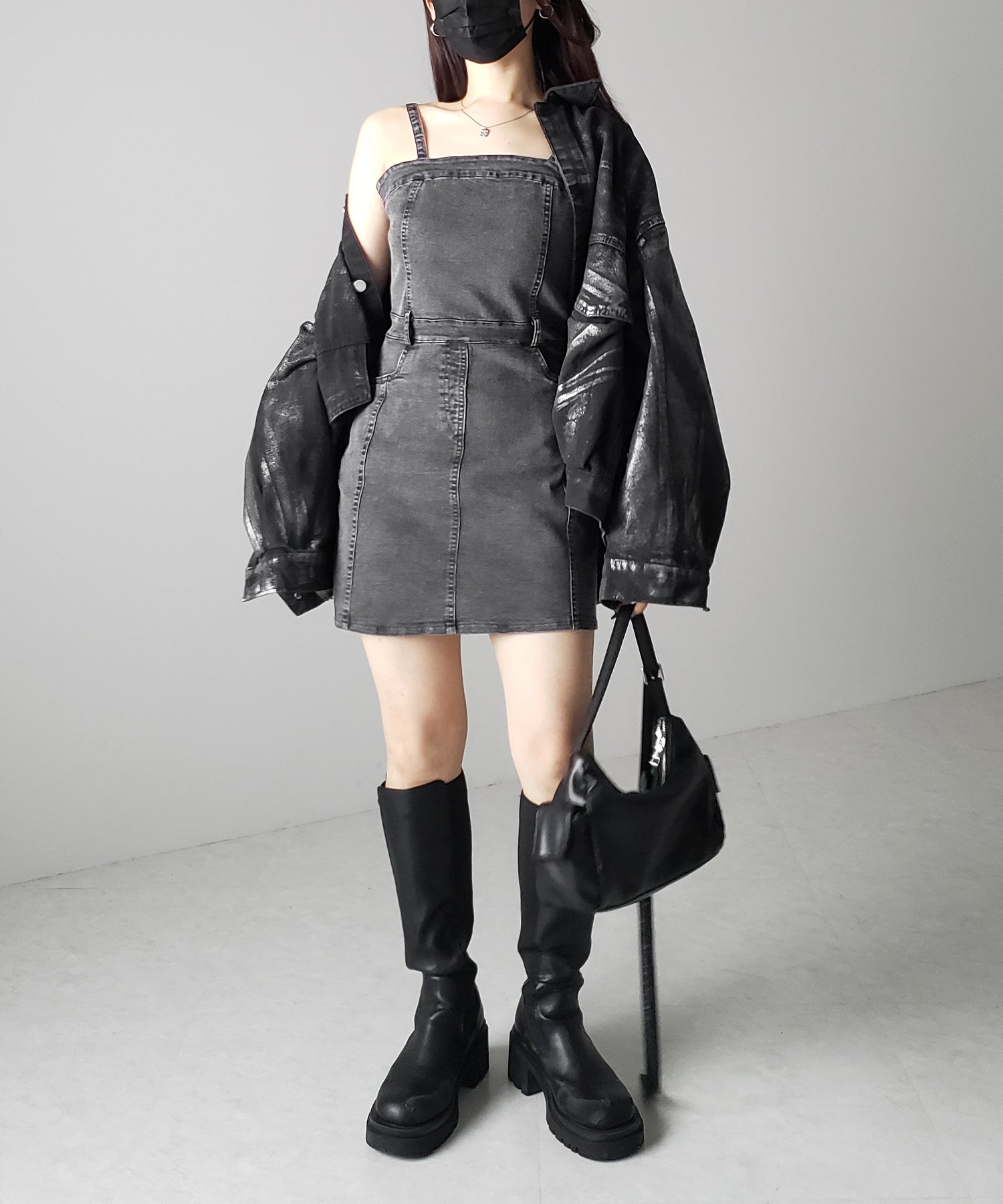【 2color 】ウォッシュデニムハイウエストミニキャミワンピース / wash denim high waist mini cami onepiece