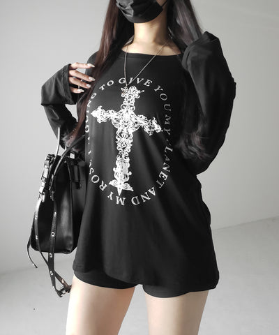 【 ワンショルにできる2way 】クロスロゴプリントワンショルルーズシアーTシャツ / 2WAY cross logo print one shoulder loose sheer T-shirt