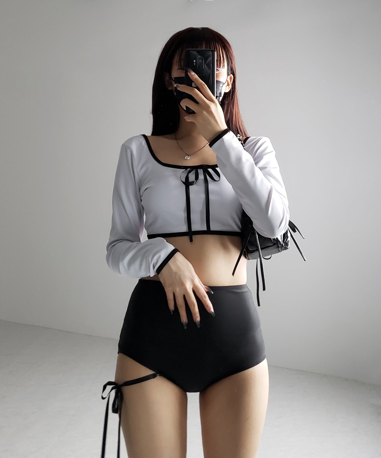 【 レディース水着/2点セット 】フロントリボンモノトーンハイウエストビキニ / front ribbon monotone high waist bikini
