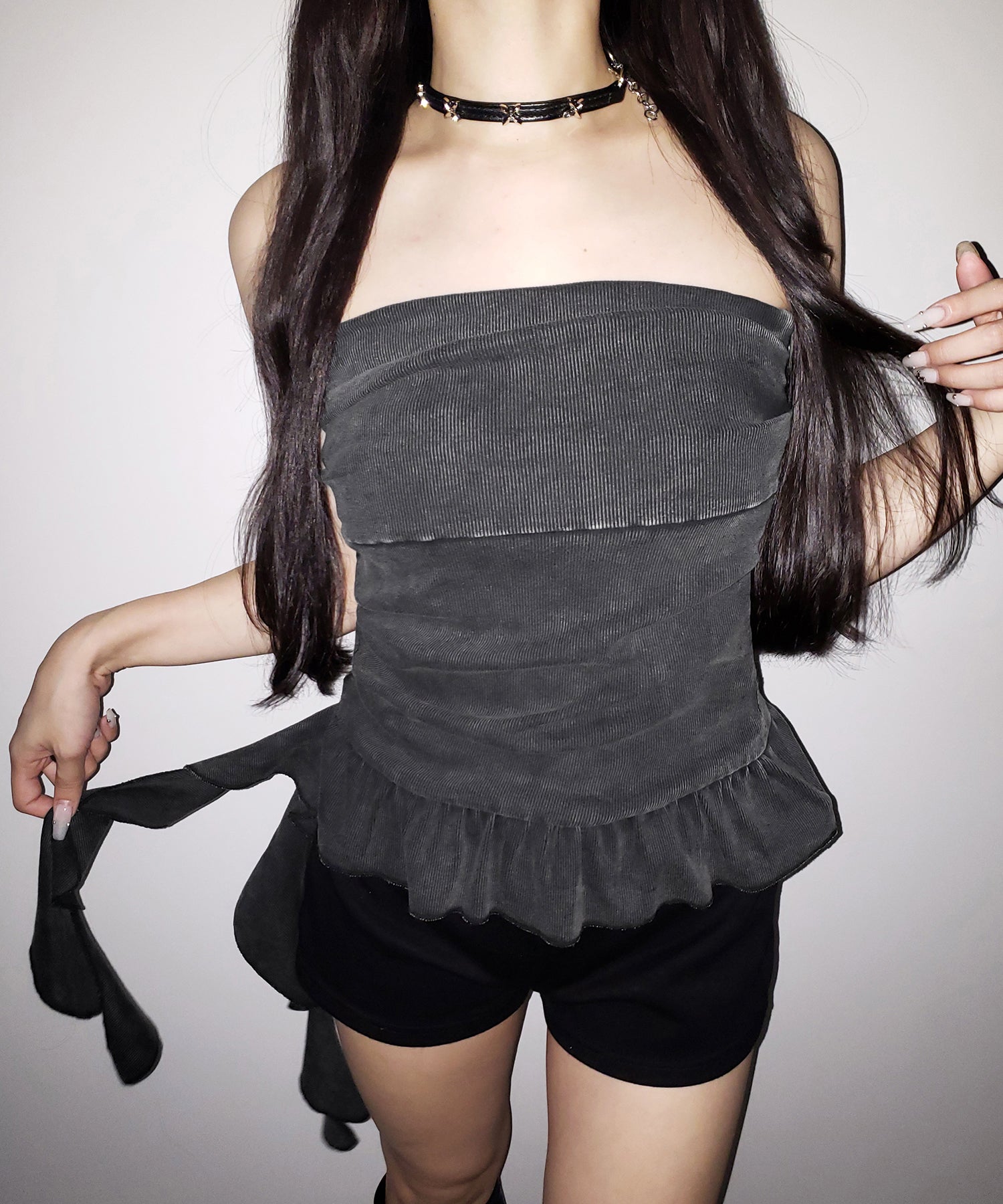 【 2color 】ヴィンテージピグメントフリルベアトップス / vintage pigment frill bare tops