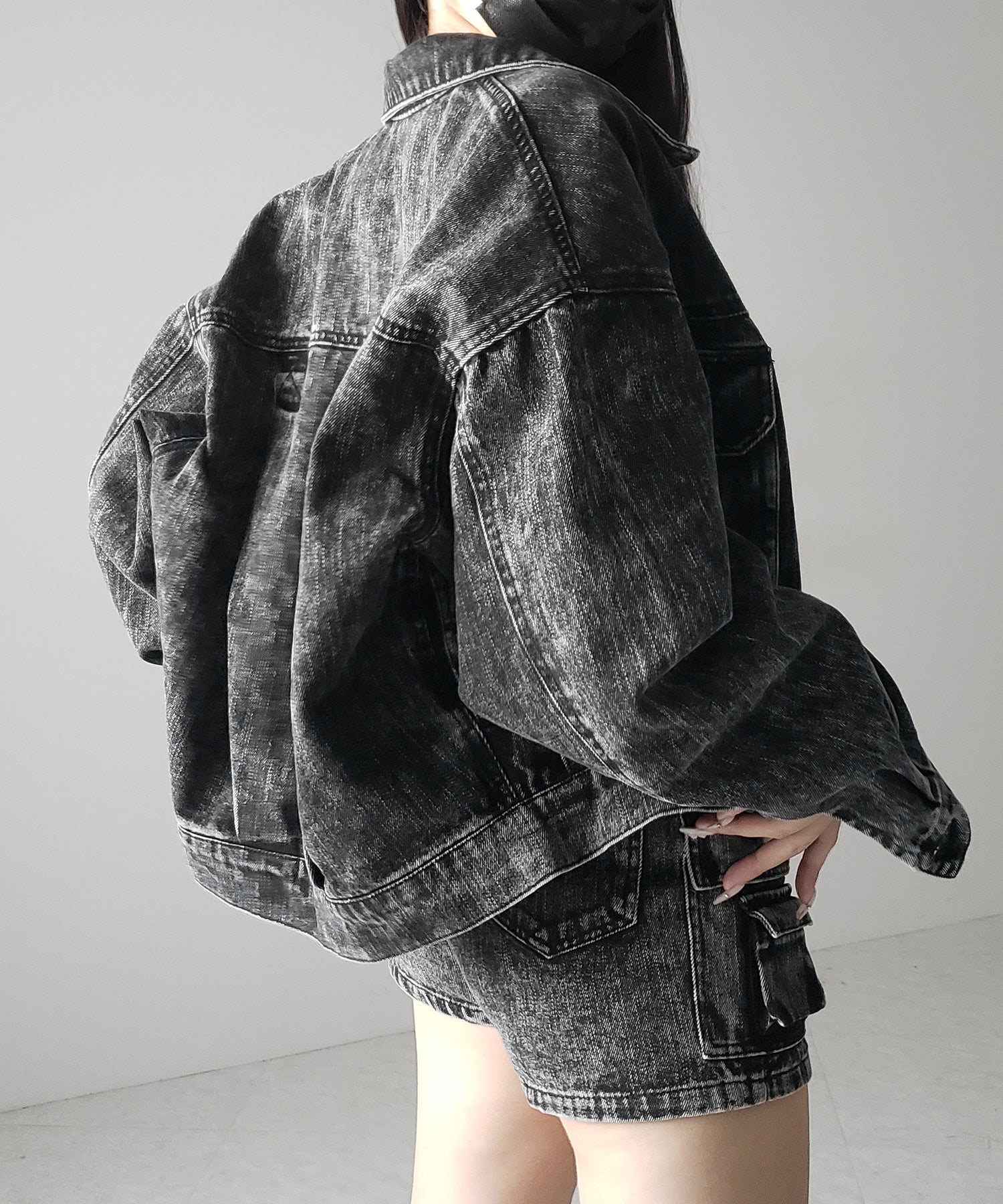 【 デニムセットアップ着用可能 】ヴィンテージケミカルブリーチアウトポケットクロップドデニムジャケット/ vintage chemical bleach outpocket cropped denim jacket