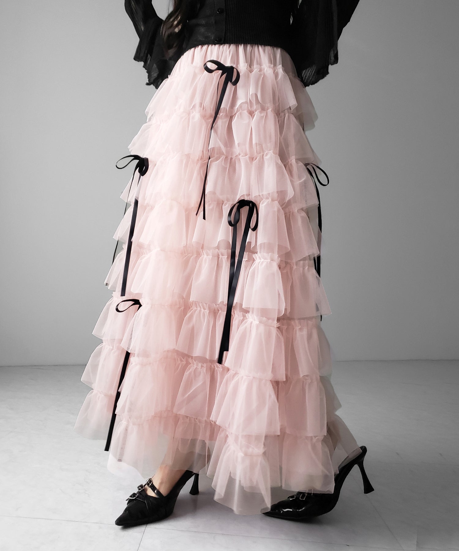 【 新色ピンク追加!/5color 】ストラップリボンバレエコアチュールスカート /strap ribbon ballet core tulle skirt