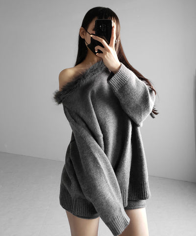 【 ニットセットアップ 】フェイクファーワンショルオーバーニット + ニットショートパンツ SET / fake fur one-shoulder over knit + knit short pants SET