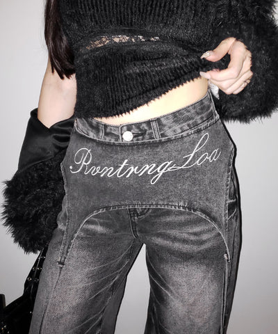 【 2WAY 】レタリングロゴ刺繍ガーターヴィンテージワイドデニム / lettering logo embroidery garter vintage wide denim