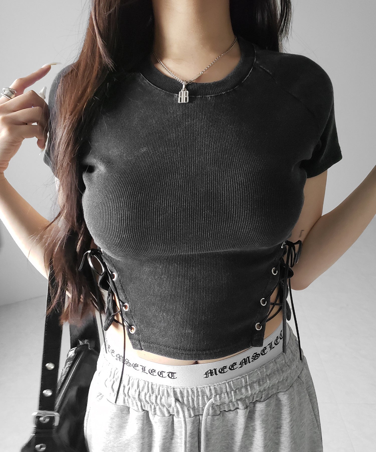 ヴィンテージサイドレースアップカットアウト半袖ショートTシャツ / vintage side lace up cutout short short sleeve T-shirts