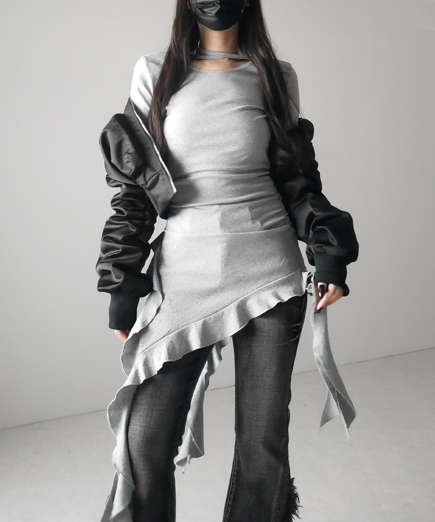 クロスチョーカーアシンメトリーラッフルフリルトップス / cross choker asymmetry ruffle frill tops