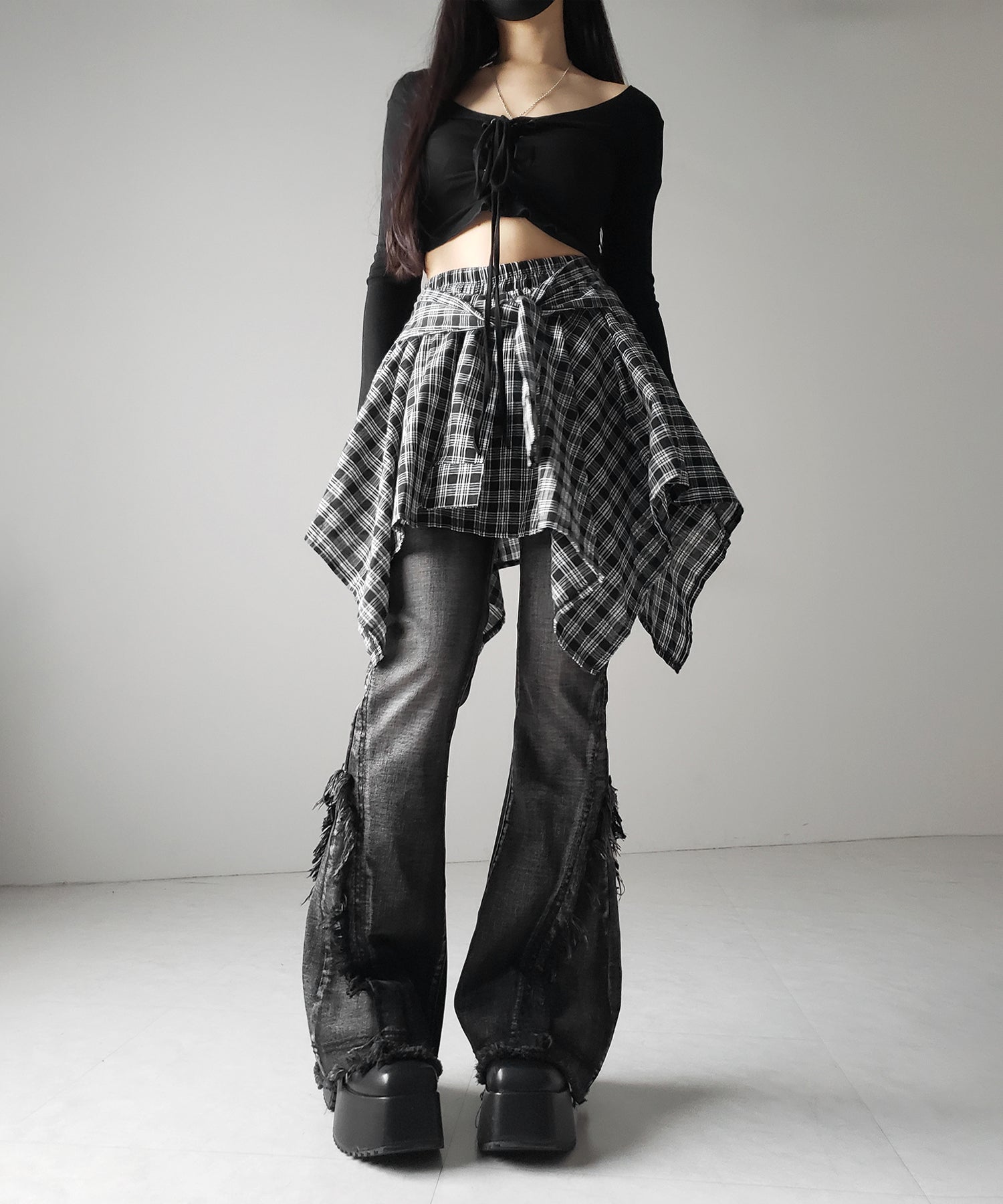 【 選べる2素材/インナーパンツ裏地付 】シャツレイヤードチェックミニスカート / shirt layered check mini skirt