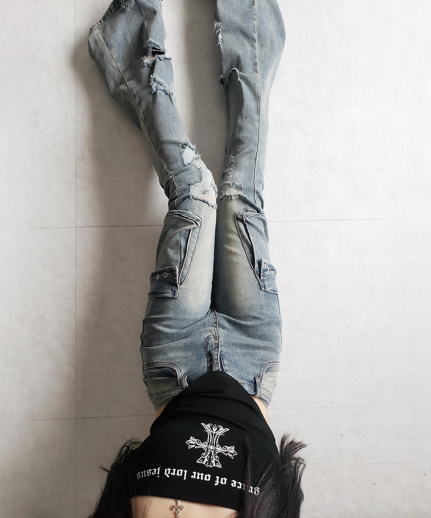【 2color / 4size 】カーゴデザインヴィンテージライクダメージストレッチフレアデニム / cargo design vintage-like damage stretch flare denim