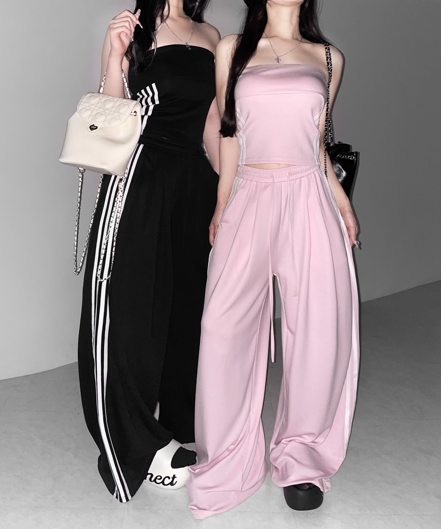 【 セットアップ 】サイドラインベアトップ+タックワイドカットソーパンツ SETUP / ( SETUP ) sideline bare top + tack wide cutsew pants