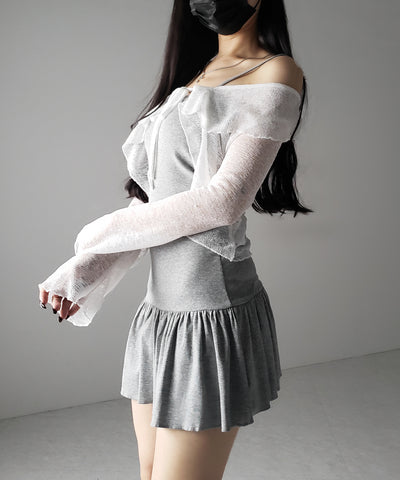 【 2点セット 】フレアキャミワンピ &シアーフリルリボンカーディガン ワンホンセットアップ / flare camisole onepiece & sheer frill ribbon cardigan wanghong SETUP