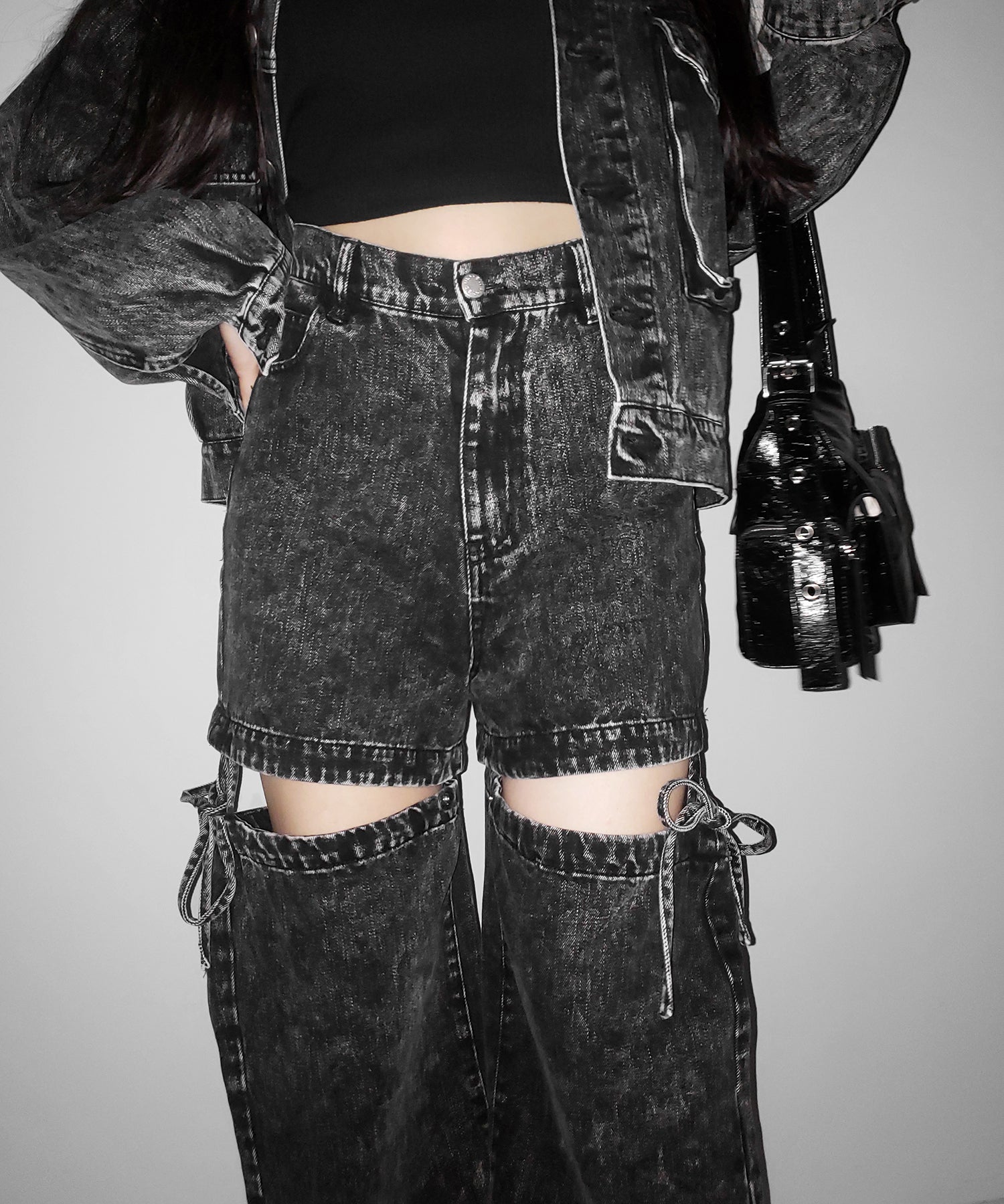 【 セットアップ着用可能 】2WAYヴィンテージケミカルブリーチカットアウトリボンデニム / 2WAY vintage chemical bleach cutout ribbon denim