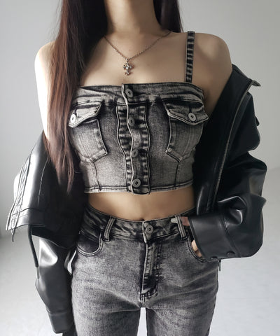 【 セットアップ 】ヴィンテージライクデニムビスチェ + ストレッチフレアデニム SET / 【 SET UP 】 vintage like denim bustier + stretch flare denim