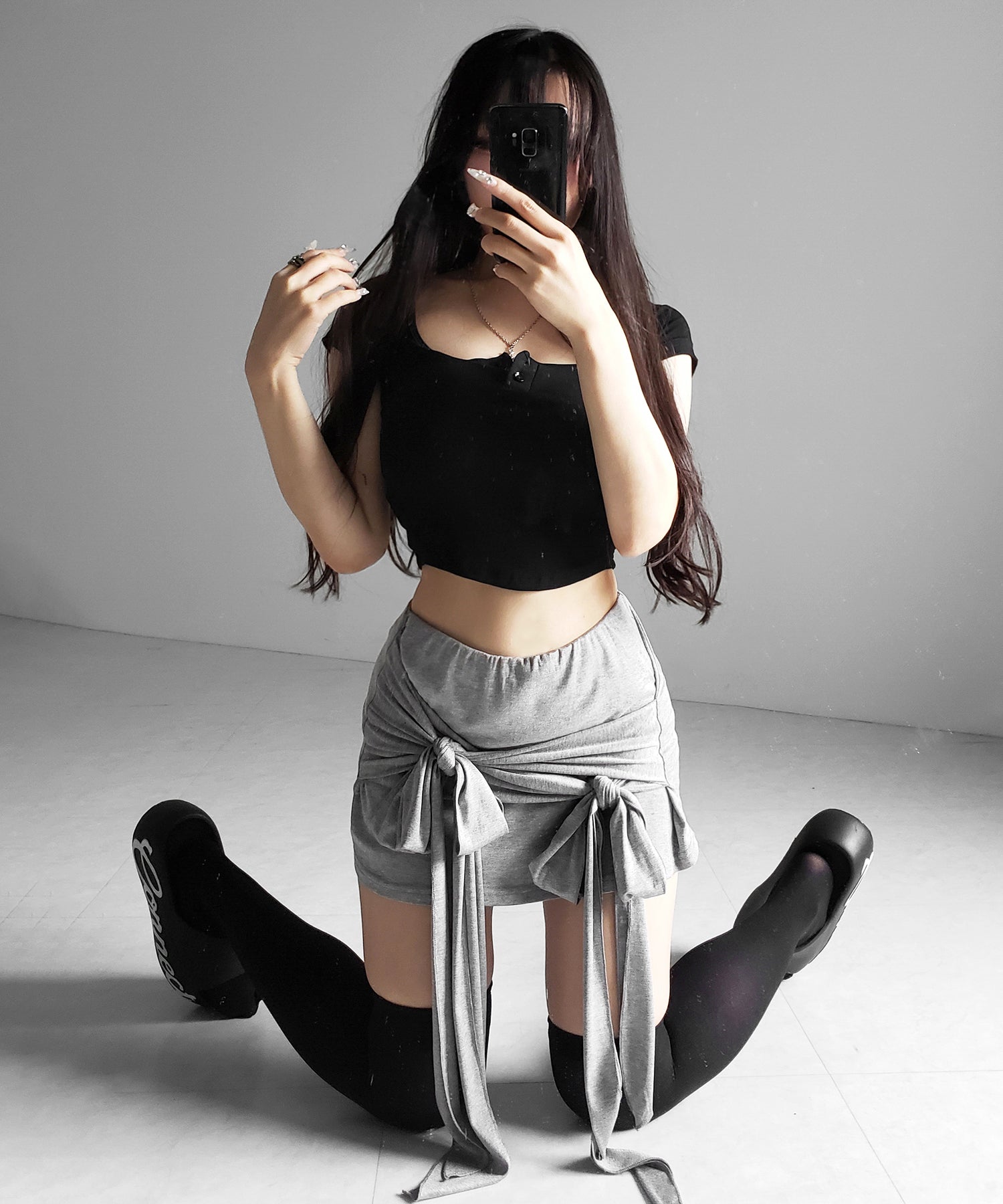 ダブルレイヤードリボンドレープミニスカパン / double layered ribbon draped mini skirt pants