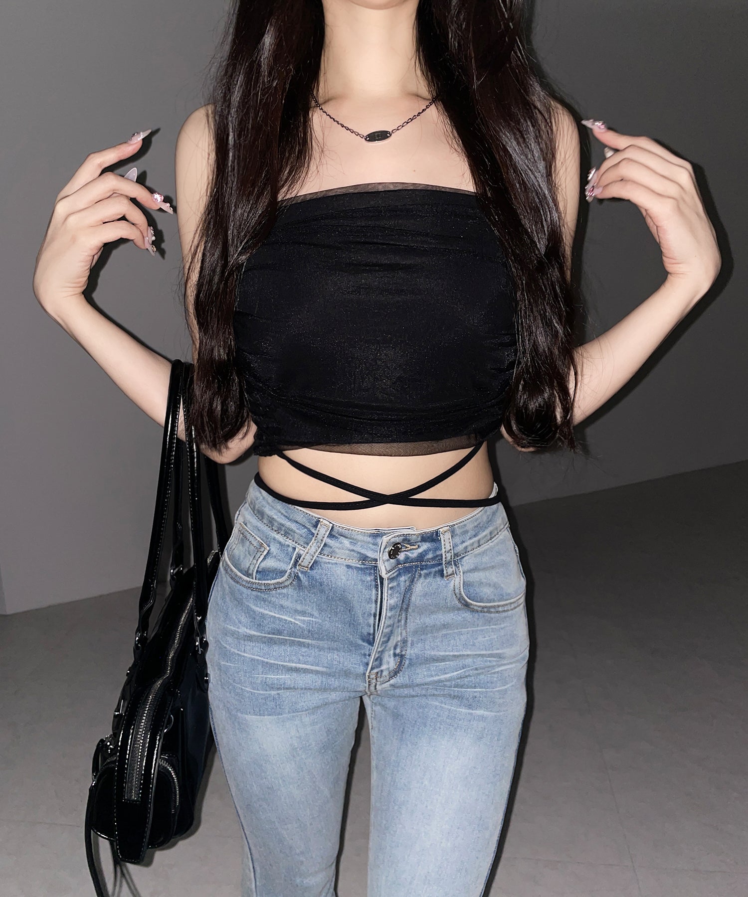 ウエストクロスチュールドッキングベアトップ / waist cross tulle docking bare top