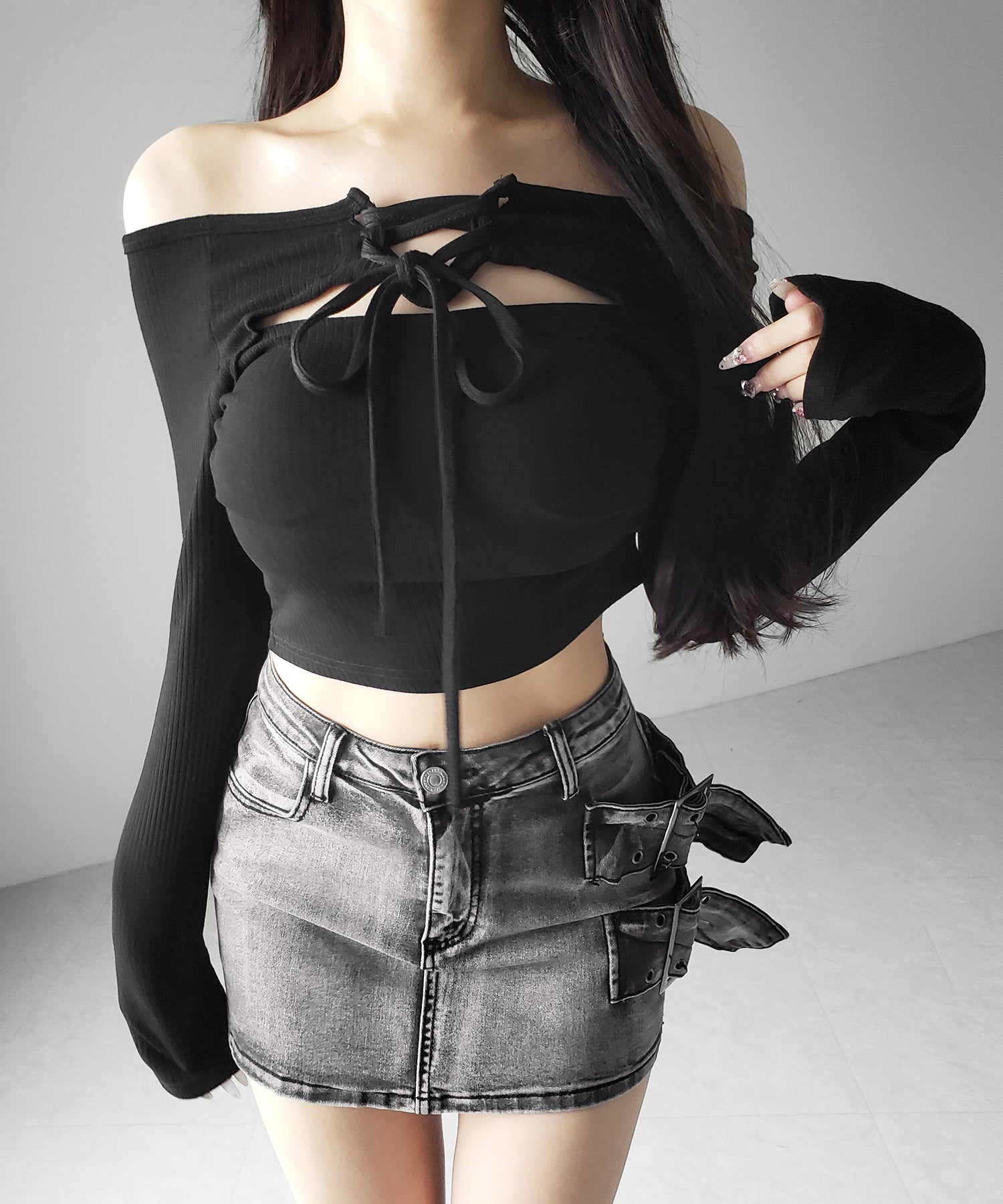 【 インパン裏地付 】ダブルハトメベルトヴィンテージデニムミニスカート / Double eyelet belt vintage denim mini skirt