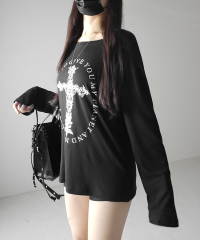 【 ワンショルにできる2way 】クロスロゴプリントワンショルルーズシアーTシャツ / 2WAY cross logo print one shoulder loose sheer T-shirt