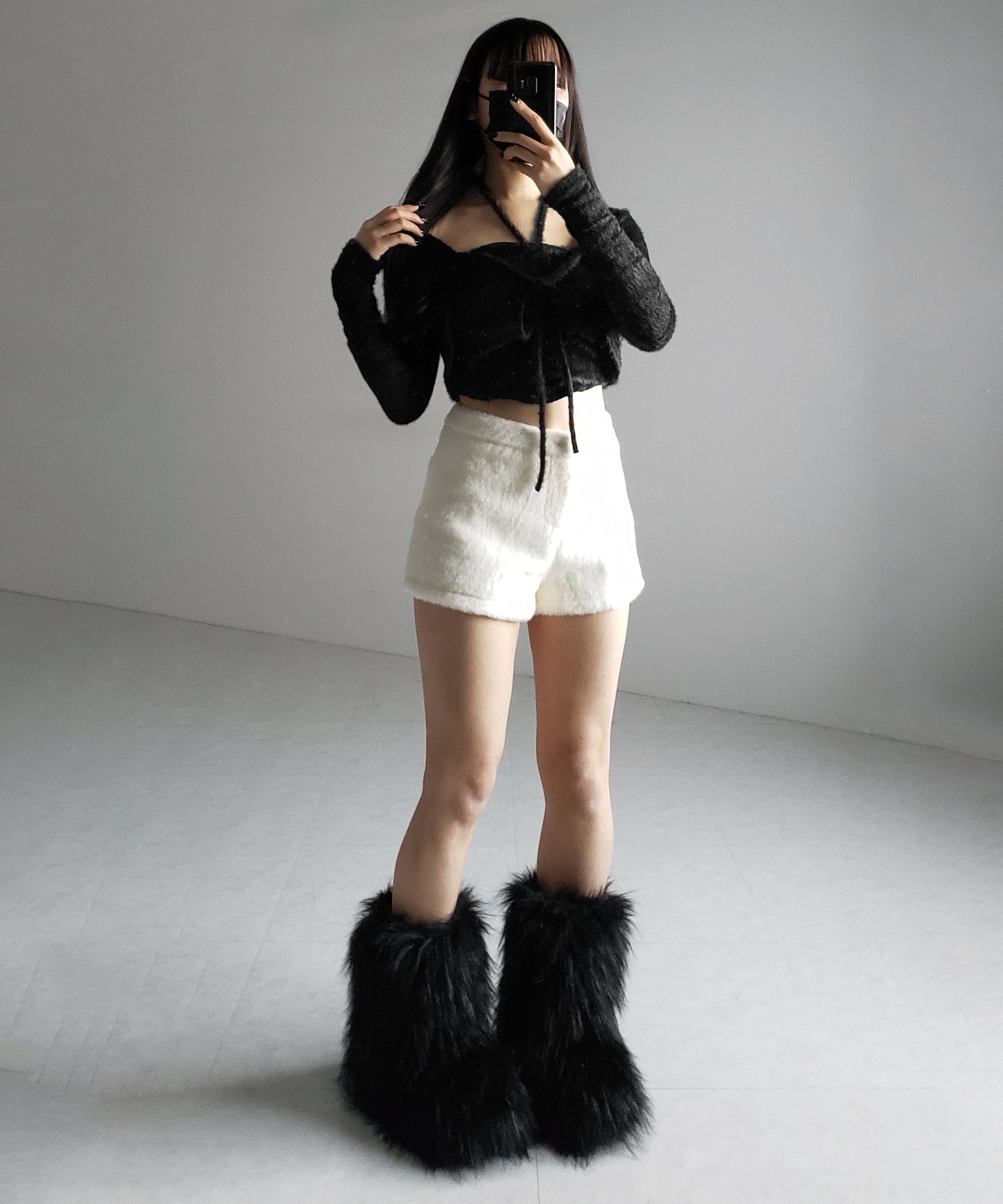 【 2点セット 】シャギーリボンベアトップス & ショートシャギーカーディガン SET / Shaggy ribbon bare tops & short shaggy cardigan