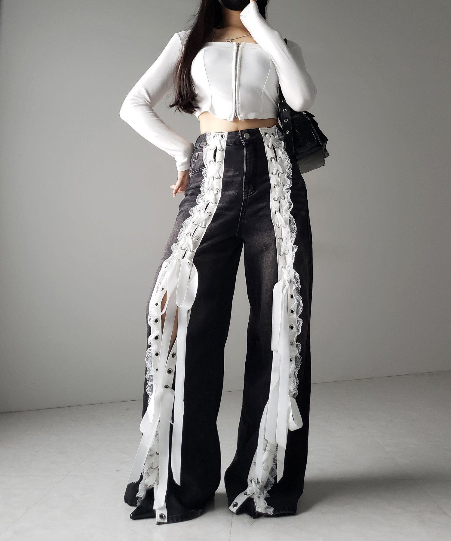 サテンリボンレースアップワイドデニムパンツ / satin ribbon lace up wide denim pants