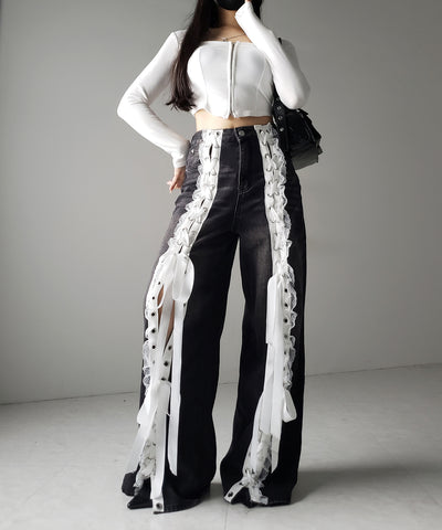 サテンリボンレースアップワイドデニムパンツ / satin ribbon lace up wide denim pants