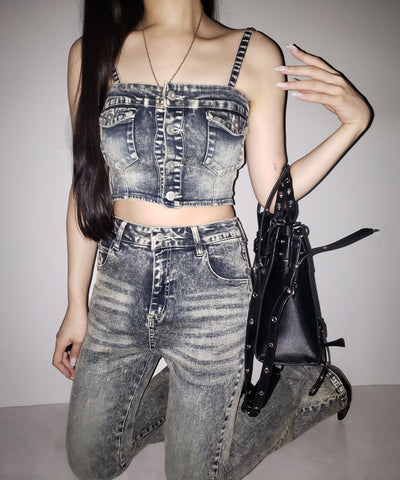 【 セットアップ 】ヴィンテージライクデニムビスチェ + ストレッチフレアデニム SET / 【 SET UP 】 vintage like denim bustier + stretch flare denim