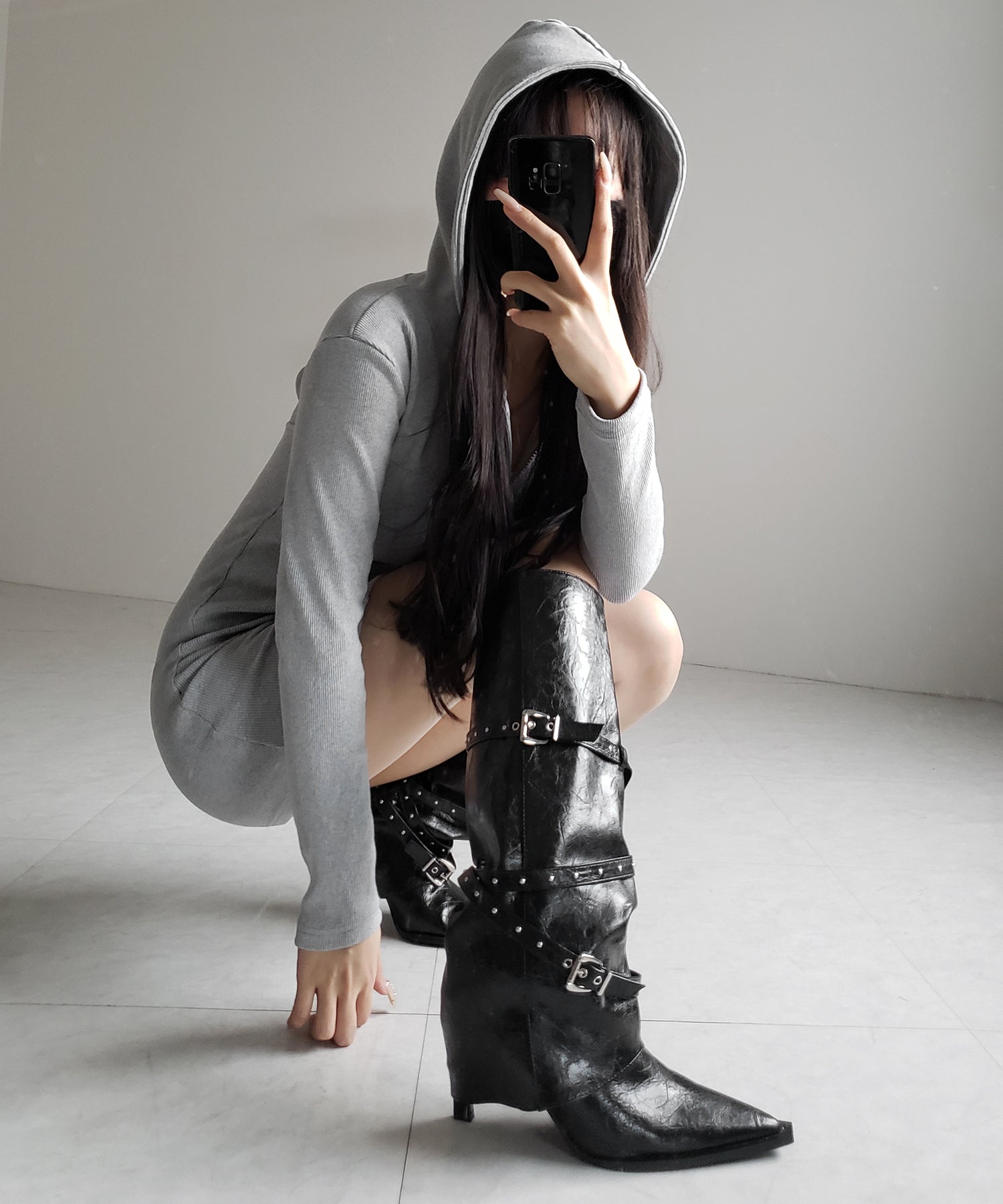 ヴィンテージレザーベルテッドロングカバーブーツ /vintage leather belted long cover boots