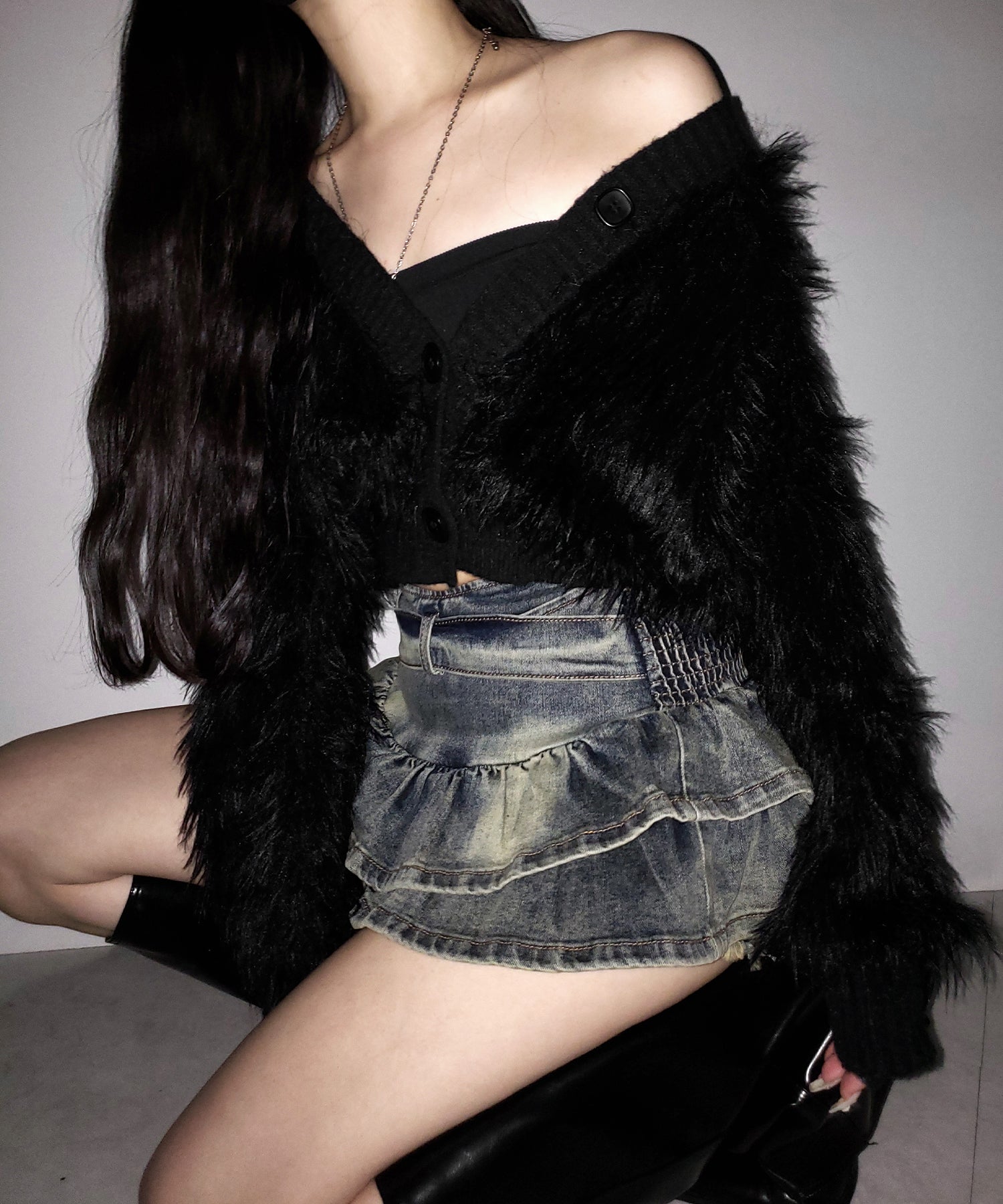 【 2color 】ベルテッドフリルヴィンテージデニムミニスカパン / Belted frill vintage denim mini skirt pants