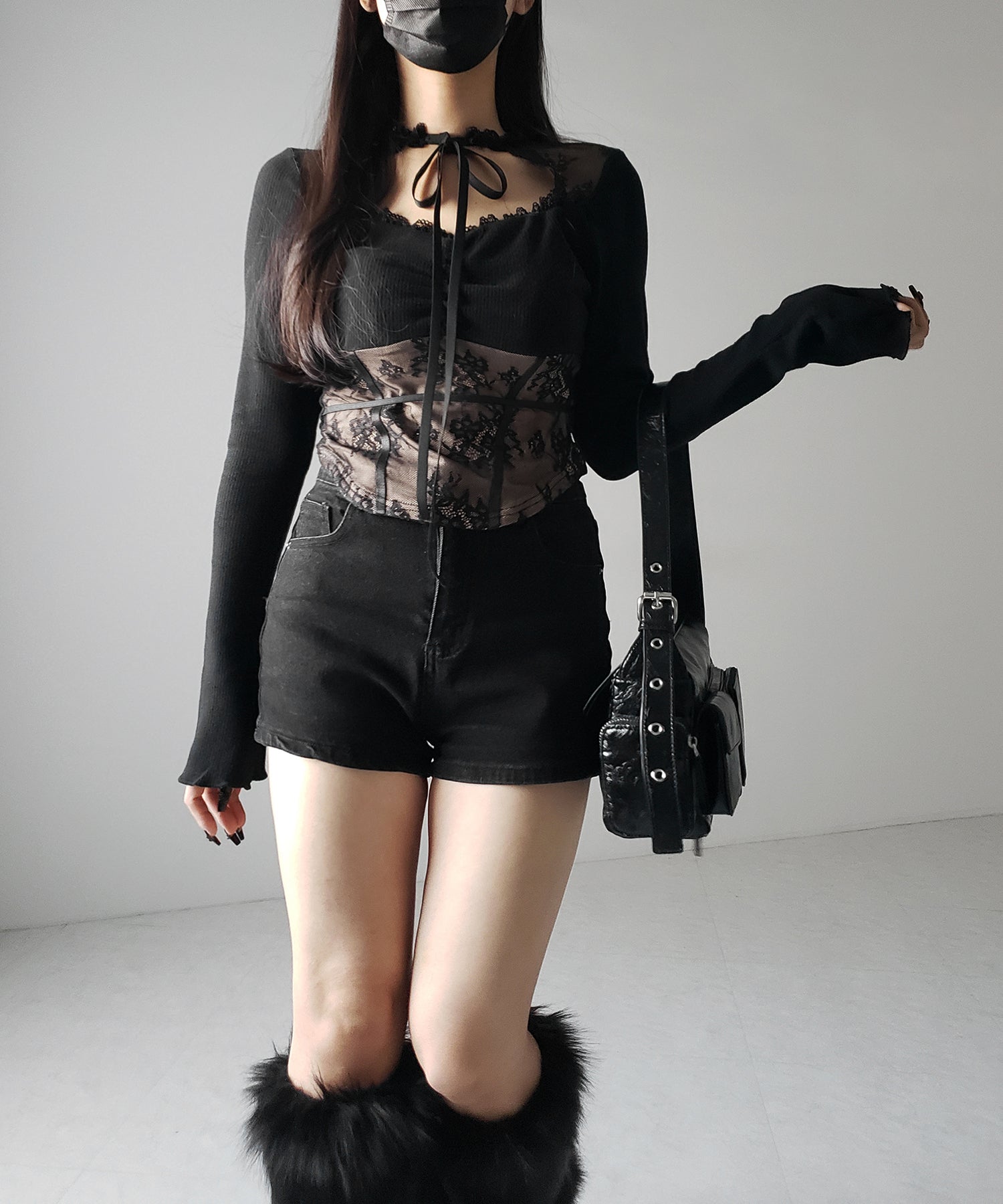 【 2color 】チョーカーネックリボンレーシーカットソートップス / choker neck ribbon lacy cutsaw tops