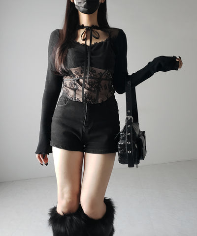 チョーカーネックリボンレーシーカットソートップス / choker neck ribbon lacy cutsaw tops