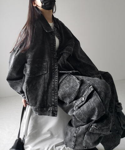 【 デニムセットアップ着用可能 】ヴィンテージケミカルブリーチヘビーワイドカーゴデニム / vintage chemical bleach heavy wide cargo denim