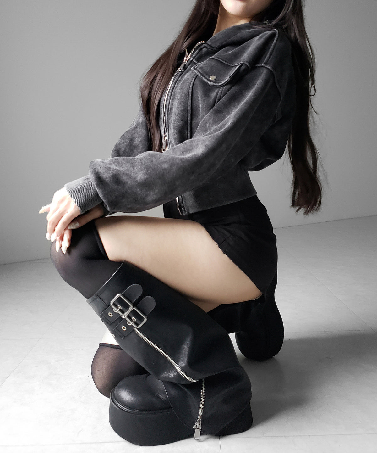 ピグメントダブルジップショートパーカー / pigment double zip short hoodie