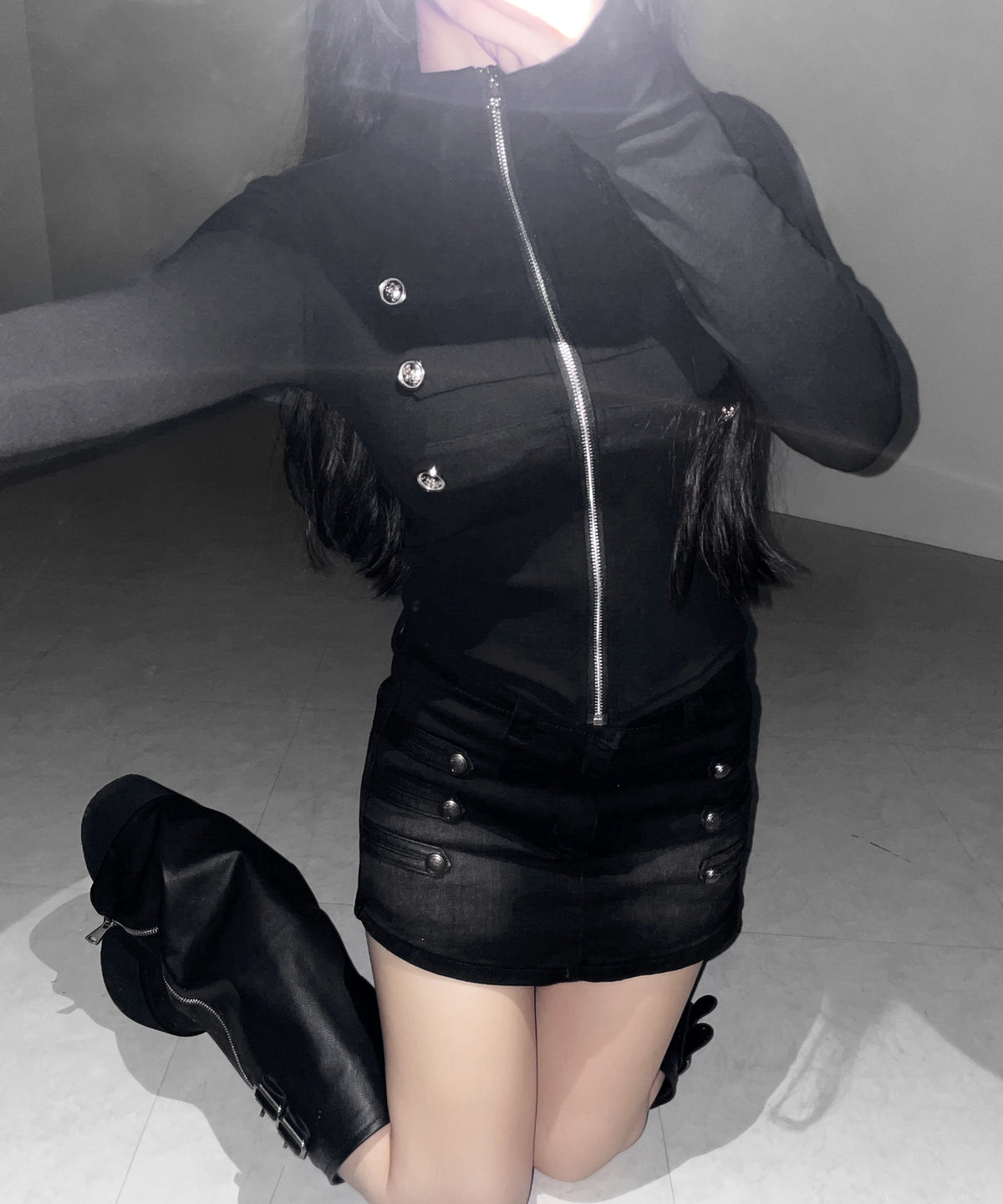 ナポレオンデザインストレッチデニムミニスカパン / napoleon design stretch denim mini skirt pants