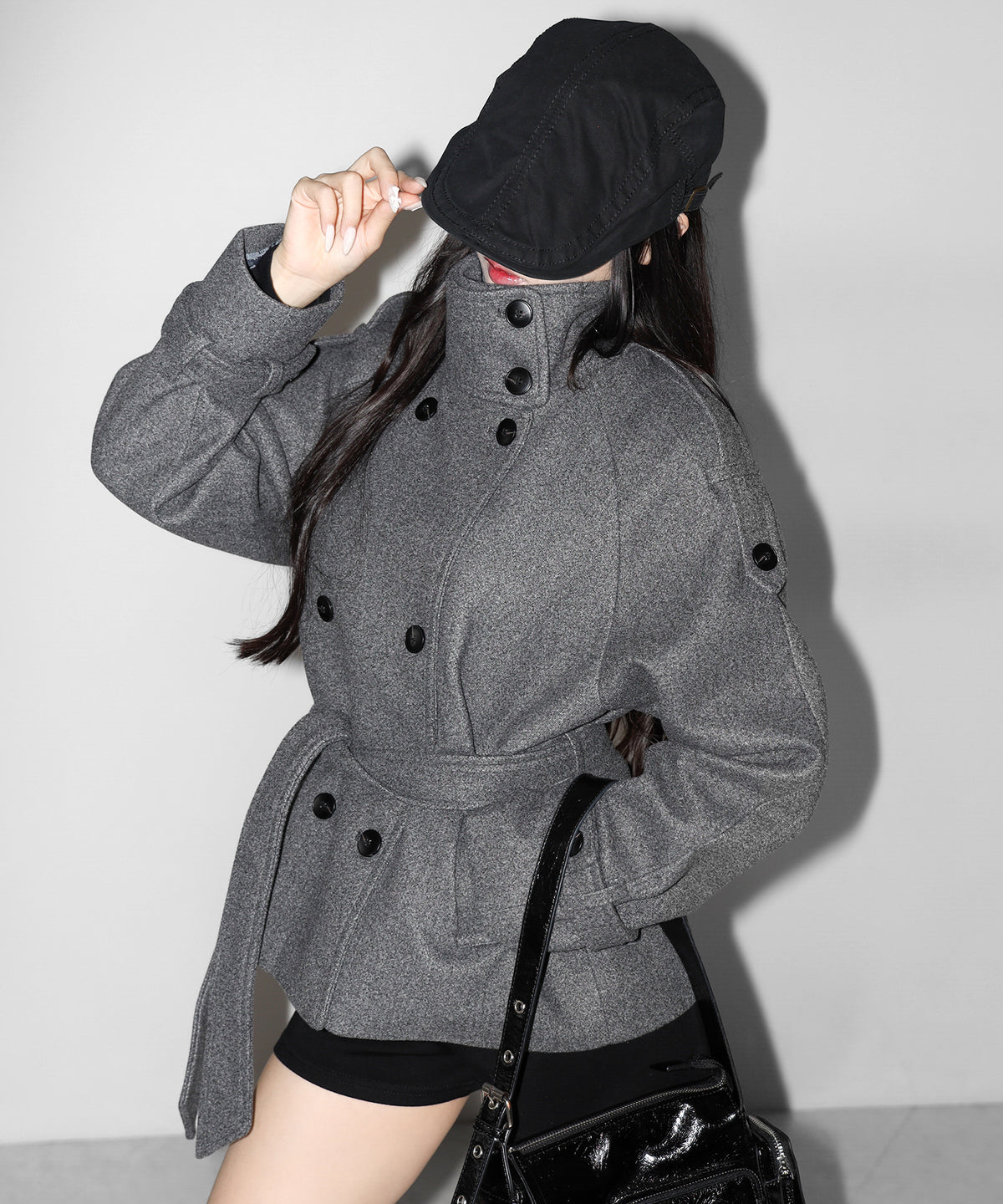 【 ウエストベルト付き 】スタンドネック ダブルブレスト ウールライクメルトンピーコート / Stand neck double-breasted wool-like melton pea coat