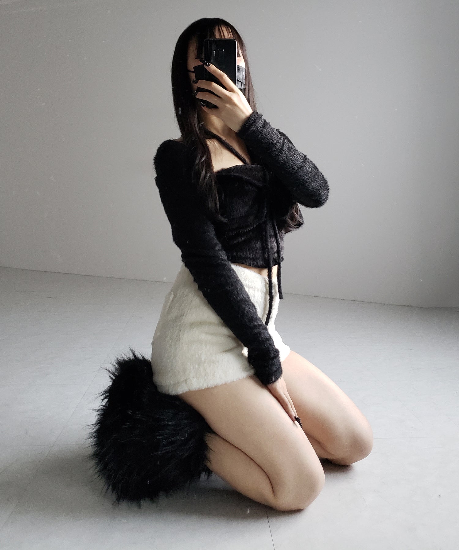 【 2点セット 】シャギーリボンベアトップス & ショートシャギーカーディガン SET / Shaggy ribbon bare tops & short shaggy cardigan