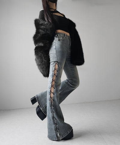 レースアップカットアウトストレッチフレアデニム / lace up cutout stretch flare denim