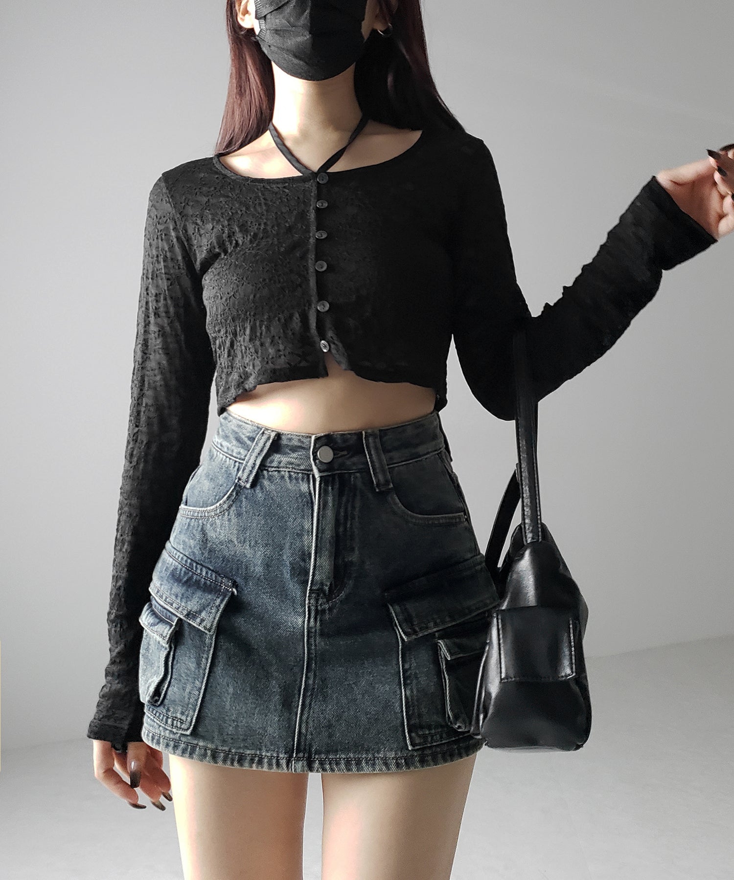 【 3size / 2color 】ダブルポケットヴィンテージカーゴデニムミニスカパン / double pocket vintage cargo denim mini skirt pants