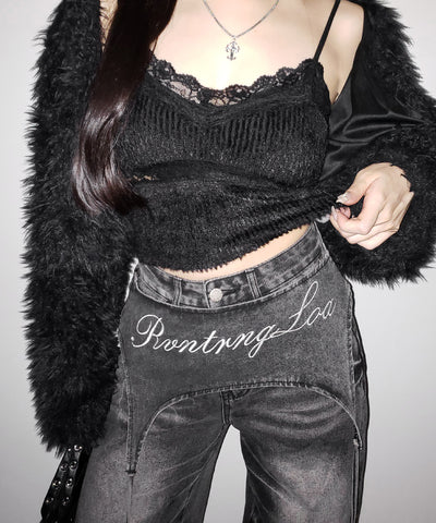【 2WAY 】レタリングロゴ刺繍ガーターヴィンテージワイドデニム / lettering logo embroidery garter vintage wide denim