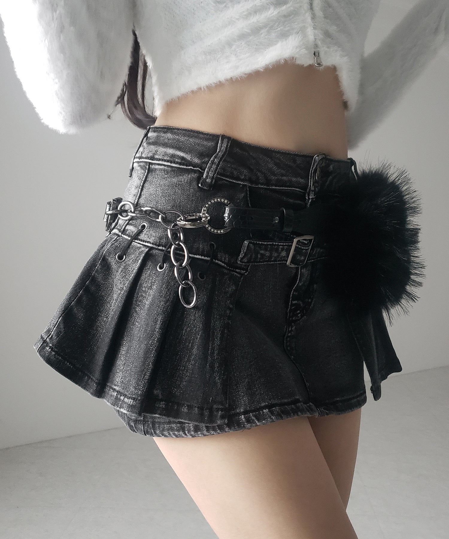 【 インパン裏地付 】ベルテッドマイクロプリーツデニムミニスカパン / belted micro pleats denim skirt pants