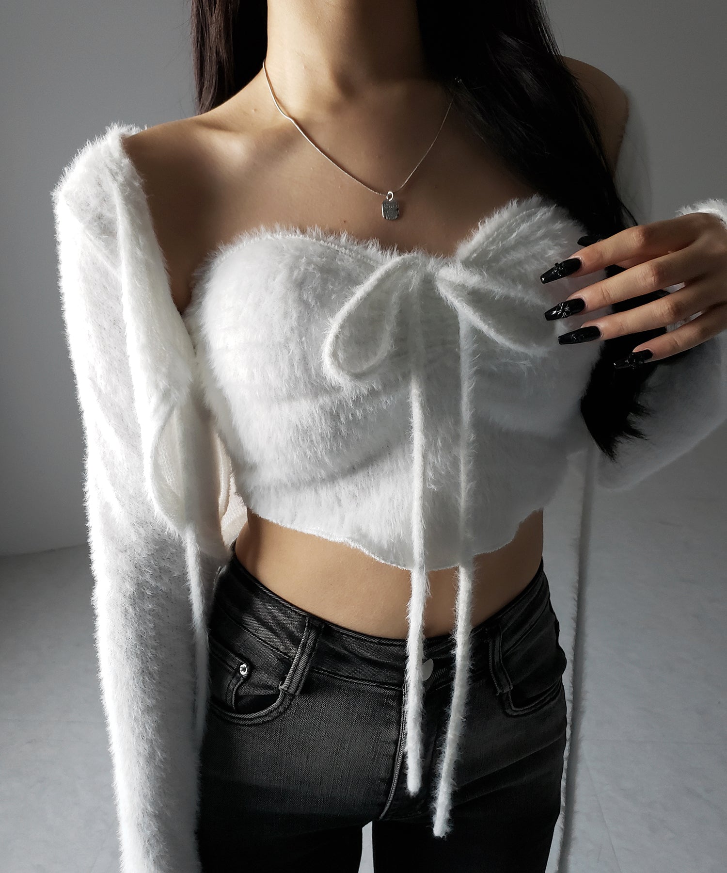 【 2点セット 】シャギーリボンベアトップス & ショートシャギーカーディガン SET / Shaggy ribbon bare tops & short shaggy cardigan