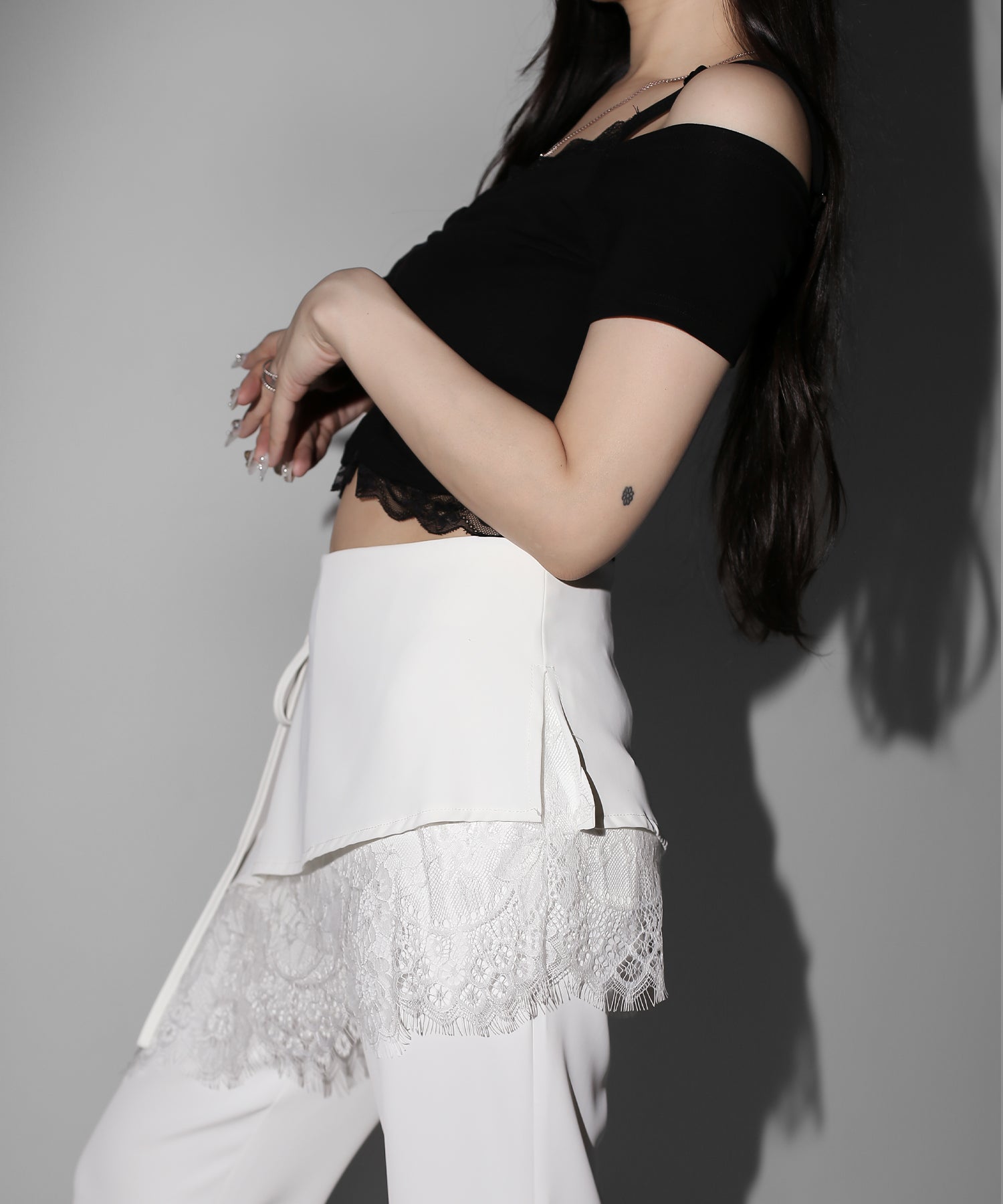 【3size 】レースレイヤードサイドリボンラップフレアスラックス / lace layered side ribbon wrap flare slacks