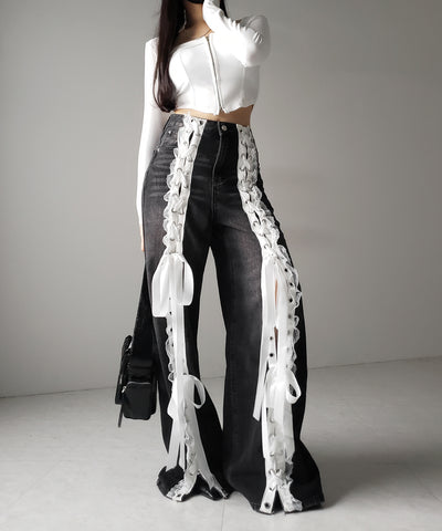 サテンリボンレースアップワイドデニムパンツ / satin ribbon lace up wide denim pants