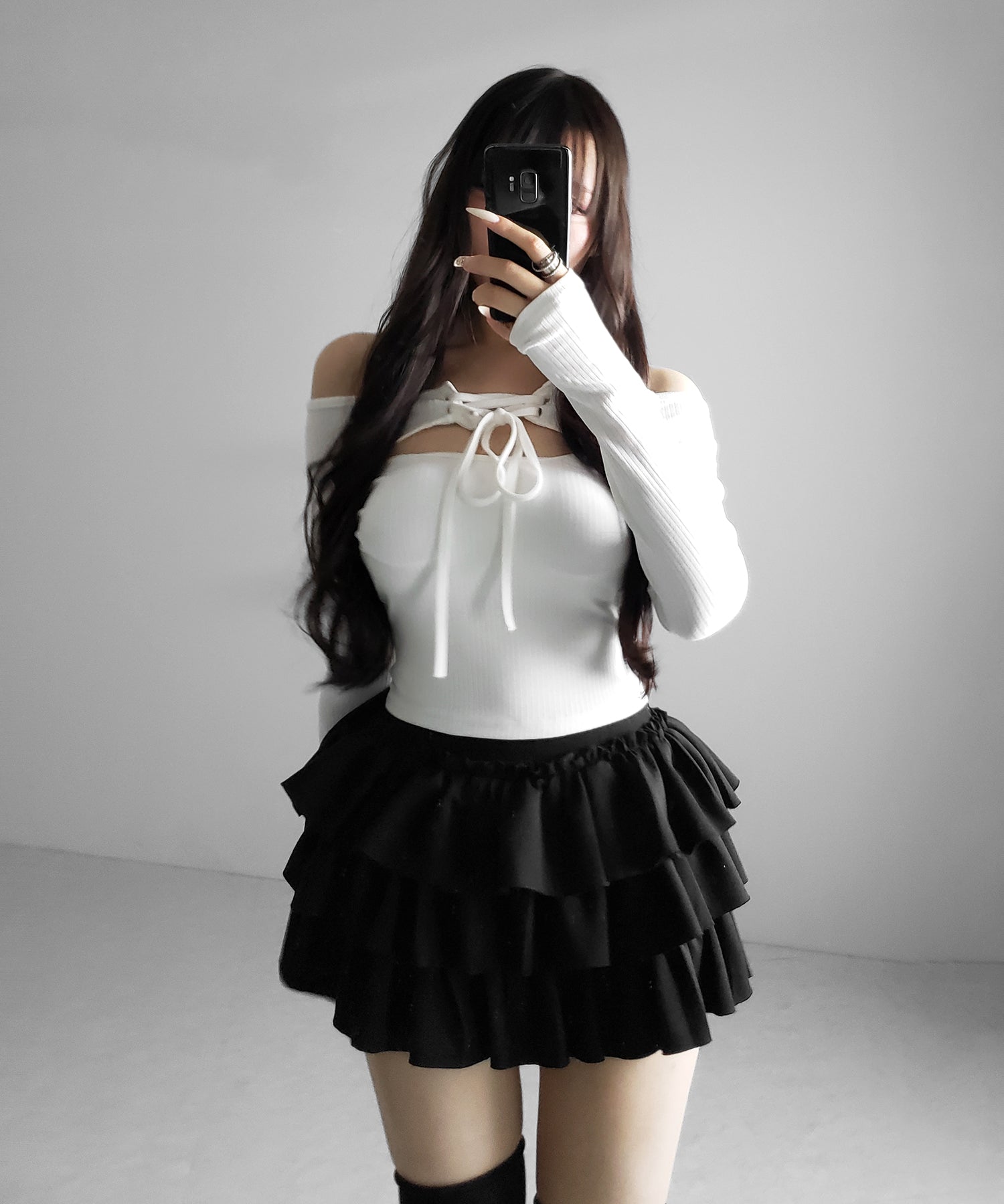 レースアップリボンカットアウトオフショルリブロンT / lace up ribbon cutout offshoulder ribbed long T-shirt