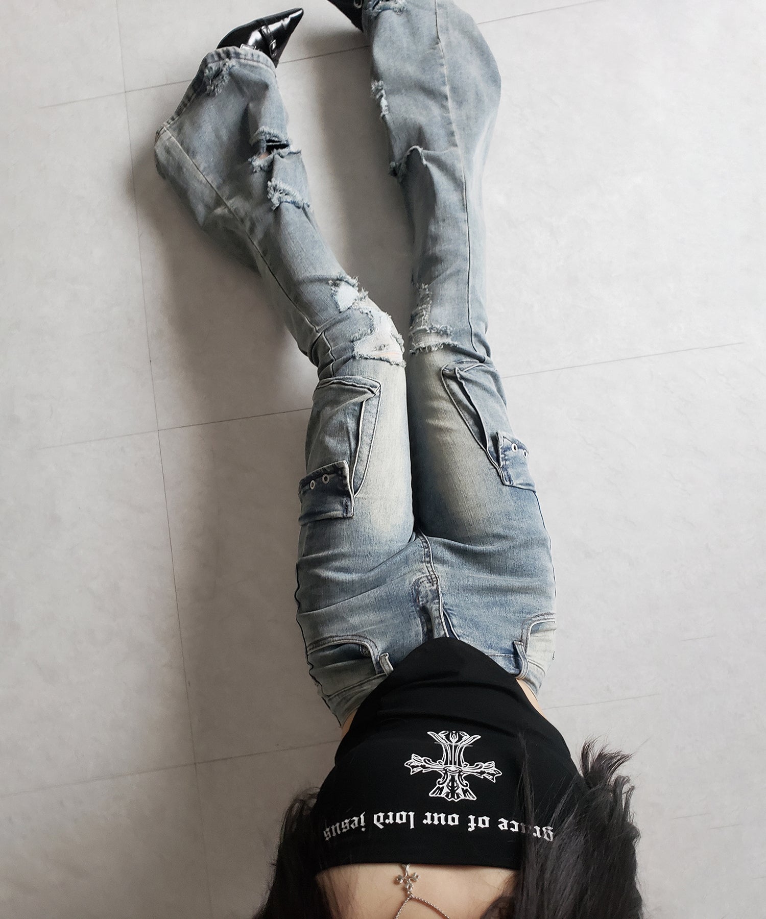 【 2color / 4size 】カーゴデザインヴィンテージライクダメージストレッチフレアデニム / cargo design vintage-like damage stretch flare denim