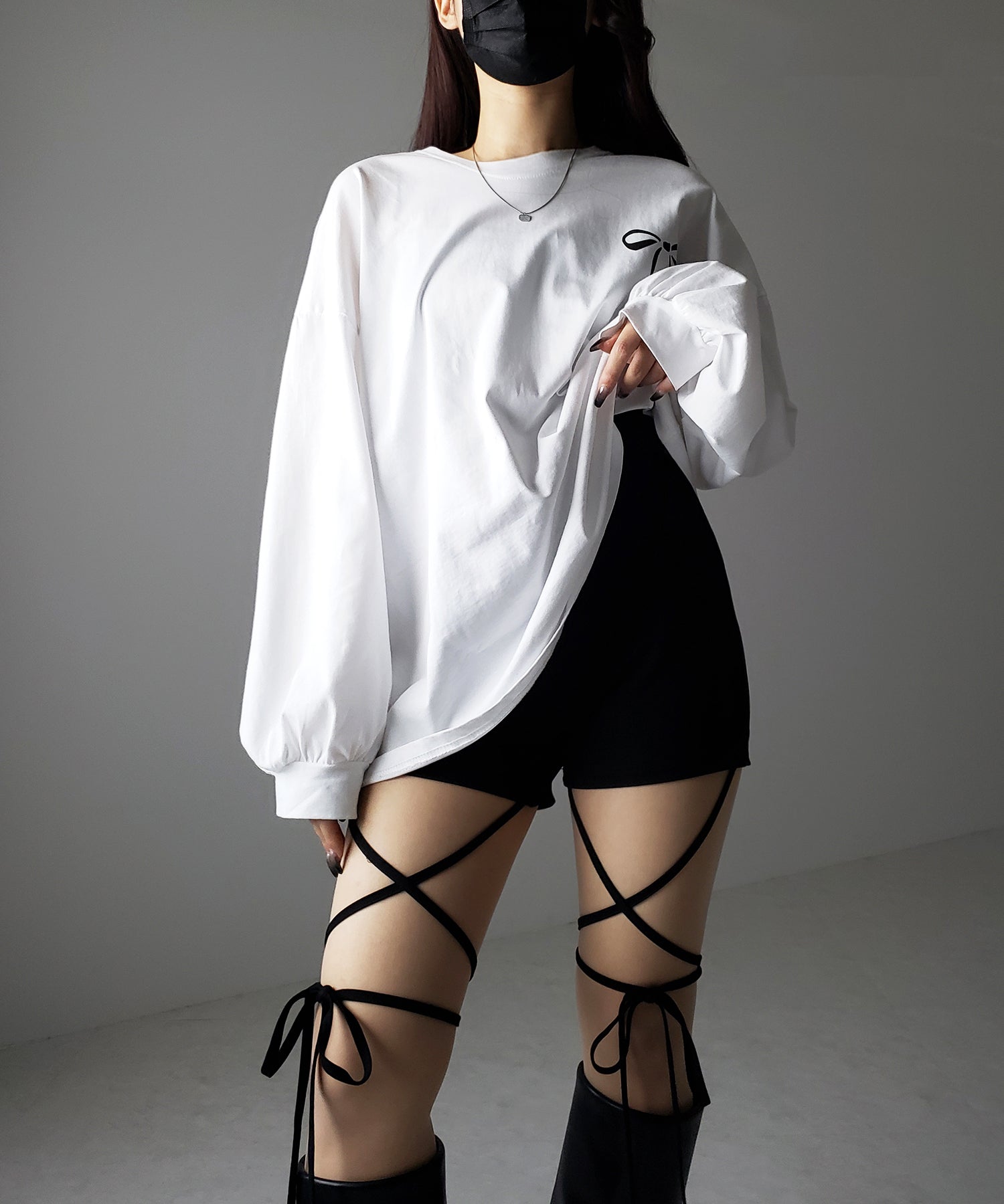 【 セルフカット調節可能 】クロスストラップリボンバイカーレギンスパンツ / cross strap ribbon biker leggings pants